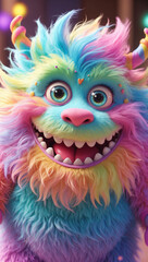 Fototapeta premium A charmingly vibrant, endearingly fluffy cute monster with a contagious smile, pastel colored and glowing with joy