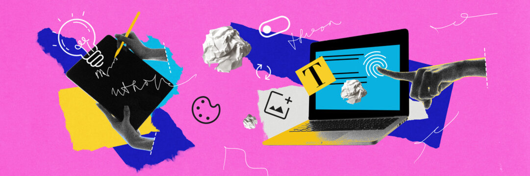 Creating involving strategy. Handwriting on digital tablet, crumpled paper and laptop around. Concept of digital marketing, content creation, digital storytelling. Contemporary art. Noise effect