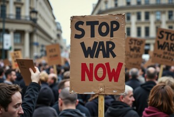 Crowd at Anti-War Protest Holding Cardboard Signs