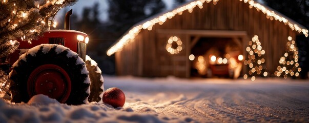 Red Tractor Under Christmas Tree with Lit Barn Scene Holiday Spirit Winter Wonderland