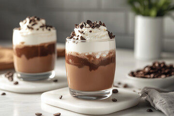 A mocha mousse-infused cold brew, styled with frothy layers in a clear glass