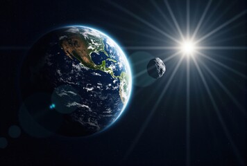 Earth, Asteroid, and Sun in Space