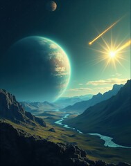 Extraterrestrial Landscape with Planet, Meteor, and River Valley