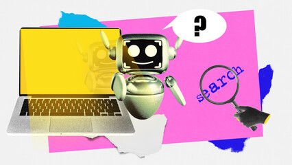 AI-driven search. Robot next to laptop, magnifying glass, and question mark, representing intelligent search strategies. Concept of marketing, digital automation, chatbot assistance. Photocopy effect