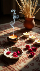 Fototapeta premium A cozy, bohemian setting with a traditional rug, candles and dried petals. Meditative, relaxing environment concept.