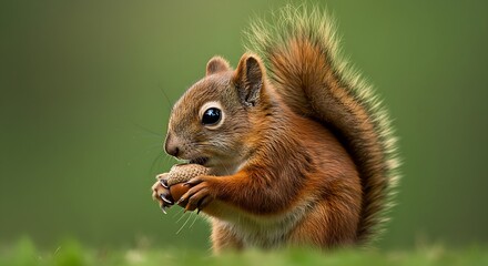 Obraz premium A cute squirrel holding an acorn with a big fluffy tail curled up