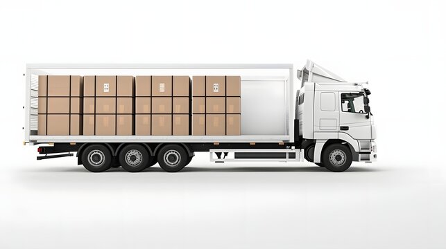 White delivery truck transporting stacked cardboard boxes on a clean, minimalist background