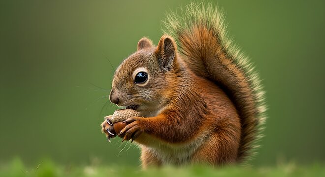 A cute squirrel holding an acorn with a big fluffy tail curled up