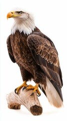 Obraz premium Proud Bald Eagle Perched on a Log Against a Plain Background Bird of Prey Wildlife Photography