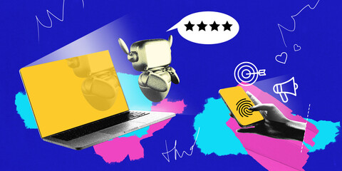 AI-powered feedback. Robot and stars symbolize customer ratings. Laptop and phone with fingerprint....