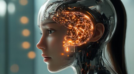 Obraz premium A close-up side profile of a female cyborg with a transparent skull, revealing an illuminated, intricate neural network. Set in a futuristic environment, this AI robot evokes advanced technology