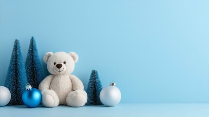 Plush Bear Ornament Scene Holiday Still Life with Christmas Trees and Pastel Blue Background Celebration