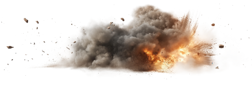 An explosive burst releases intense energy, sending a vivid cloud of smoke and debris into the air, illustrating the power of ammunition in action at an unspecified location