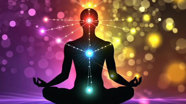Creative depiction of a meditating figure with glowing chakra symbols set in a colorful background