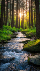 Obraz premium A picturesque creek in the forest flowing among trees