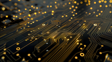 Abstract Circuit Board Design With Golden Illuminated Lines and Black Background