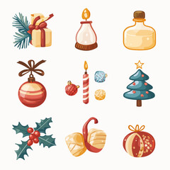 Christmas decoration elements: Gift, candle, ornaments, tree, holly, acorn
