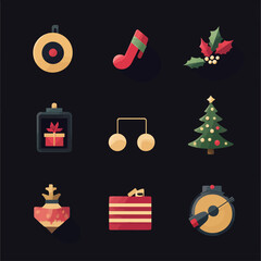 Festive Christmas Icon Set - Ornaments, Music Note, Tree, and Gifts