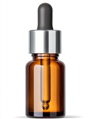 Amber Glass Dropper Bottle with Silver Cap on White Background