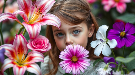 Naklejka premium Portrait of Alice Among Magical Flowers in an Enchanted Garden
