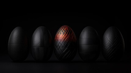 Unique black decorative eggs with one striking red design showcased in a dark setting