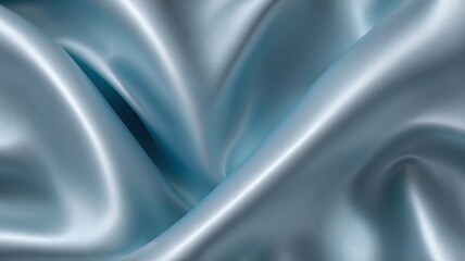 Ice blue metallic satin. Shiny smooth fabric. Soft folds. Luxury background with space for design. Web banner. Flat lay, top view table. Wedding, winter theme, branding, modern decor.