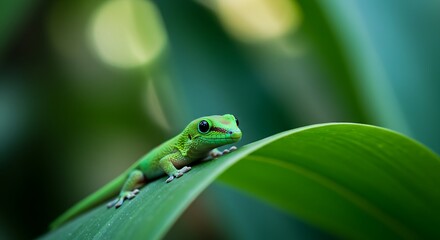 Fototapeta premium A tiny gecko with big round eyes sitting on a vibrant green leaf