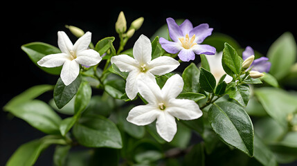 Obraz premium Close Up Of White And Purple Flowers With Green Leaves And Buds Against A Black Background