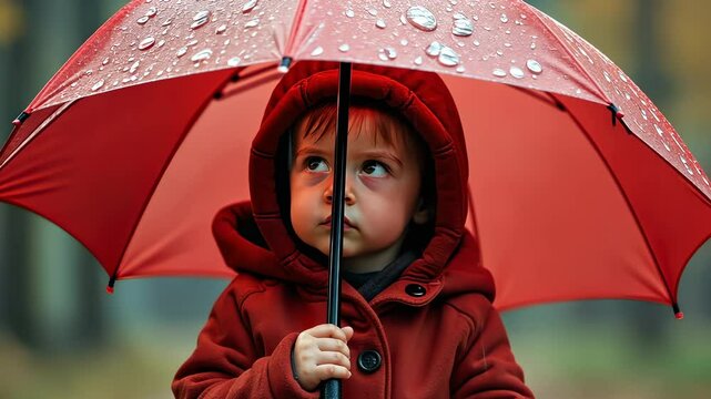 A young child is holding a red umbrella in the rain