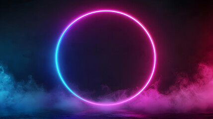 Abstract Neon Circle With Blue And Pink Gradient Lighting Over Dark Background And Smoke