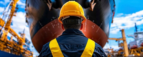 Maritime Industry Worker Overlooking Dockyard Ship for Inspection and Oversight Duty Job Role