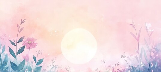 Obraz premium Gentle Watercolor of Flowers and Herbs with Pastel Sunset Background, Soft and Dreamy Texture