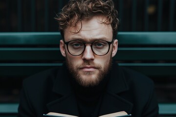 Fototapeta premium Young man reading a book on a bench in a park during daylight hours
