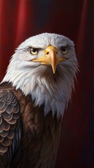 Majestic Bald Eagle Portrait with Intense Gaze Against Red Backdrop Depicting National Pride