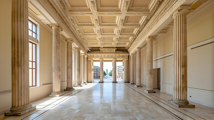 Empty Interior Hallway With Columns And Ornate Ceiling Details Under Bright Daylight
