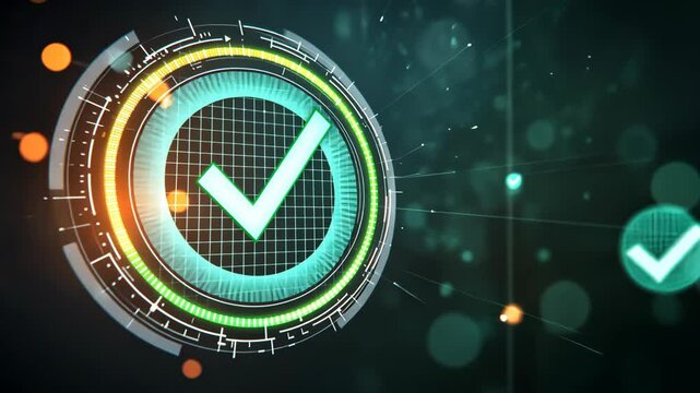 Digital checkmark symbol representing approval in a futuristic interface design environment