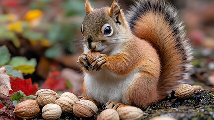 Obraz premium Autumn Squirrel Eating Nuts in Woods