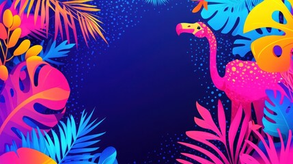 Fototapeta premium Tropical flamingo design, vibrant leaves, background, artistic, frame, use for poster or greeting card