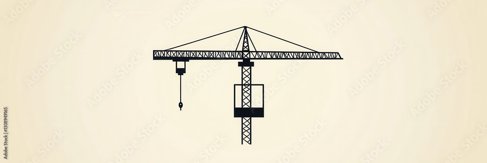 Poster minimalist construction logo featuring a silhouette of a tower crane lifting a block in a modern des