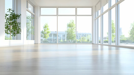 Fototapeta premium Bright Modern Interior With Large Windows And Wooden Floor Showcasing Natural Light
