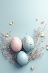 Fototapeta premium Easter composition - pastel colors, eggs and decor are laid out on the table close-up.