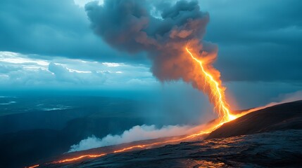 A dramatic volcanic eruption emits lava and lightning under a cloudy sky.