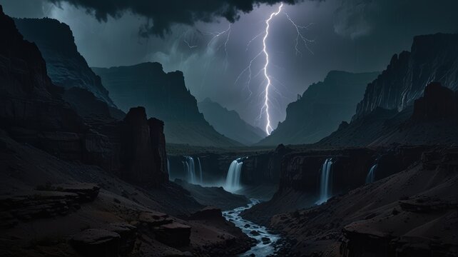 Dramatic Lightning Storm Over a Grand Canyon River at Night