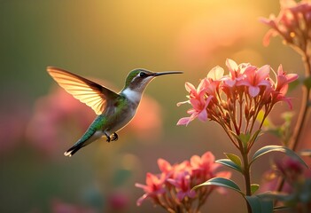 Fototapeta premium Hovering Sunbird Reflecting the Golden Sunset