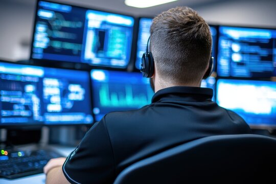 Monitoring cybersecurity threats analyst at work in a control room technology environment close-up view