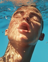 Young man's head submerged in water with a clear blue background, light reflection on his closed eyes, sun-tanned skin texture. Summer joy concept.