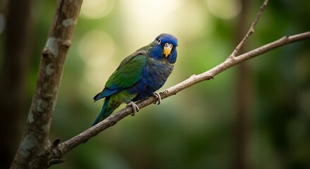 Fototapeta premium A small parrot with colorful feathers perched on a branch, tilting its head cutely