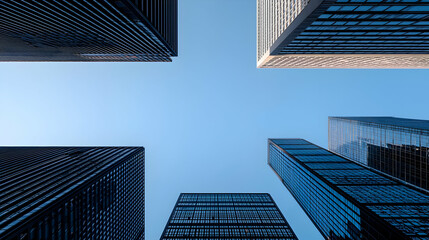 Low Angle View of Skyscrapers Reaching towards a Clear Blue Sky Showing Modern Geometric Architecture