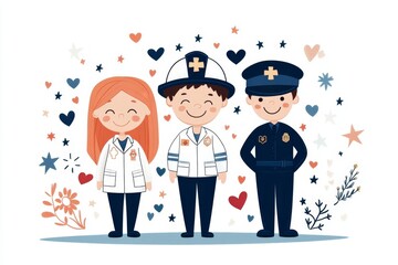 Fototapeta premium A flat 2D illustration of a firefighter, paramedic, and police officer standing together with smiles, surrounded by small hearts and stars on a white background