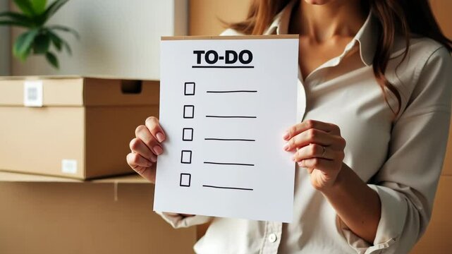A woman displays a blank to-do list while surrounded by cardboard boxes in a home organization setting